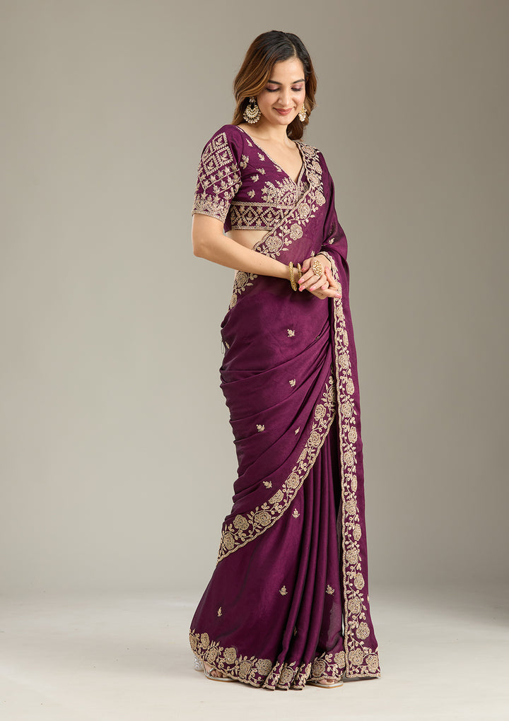 Wine Georgette Cording Saree With Matching Blouse Piece
