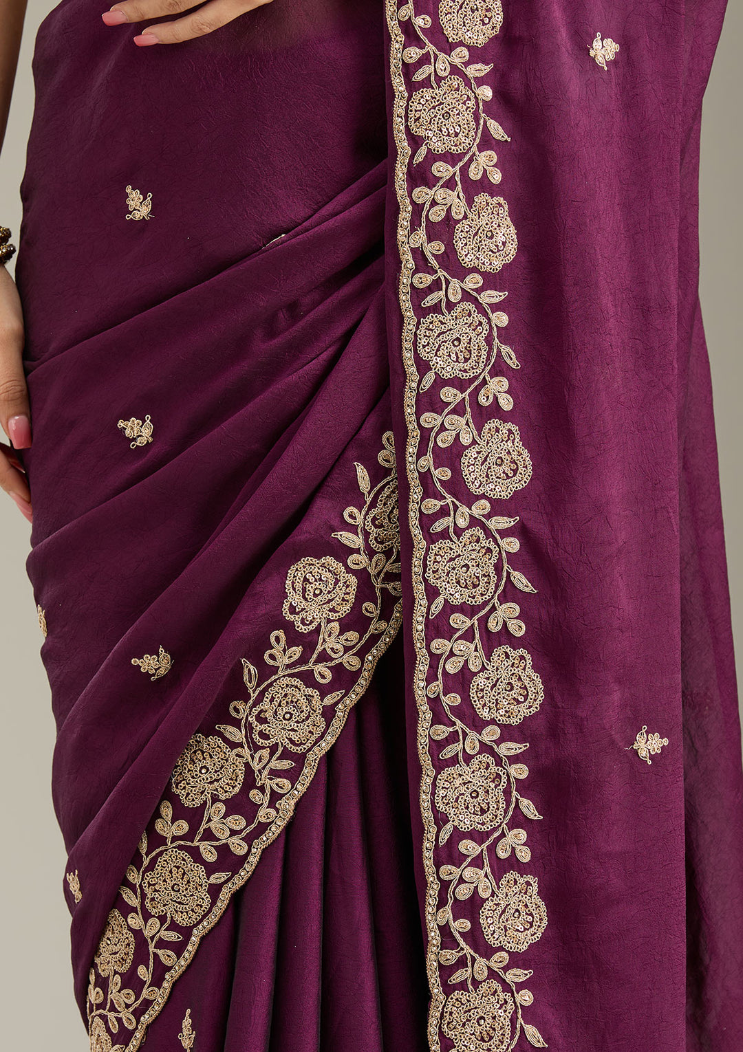 Wine Georgette Cording Saree With Matching Blouse Piece