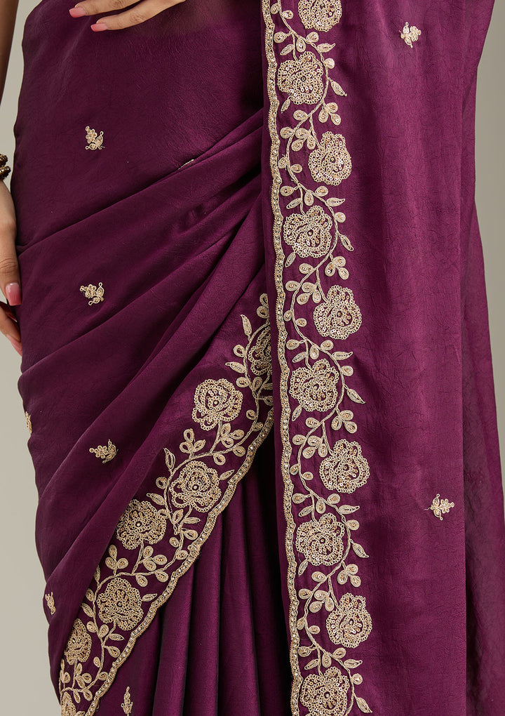 Wine Georgette Cording Saree With Matching Blouse Piece