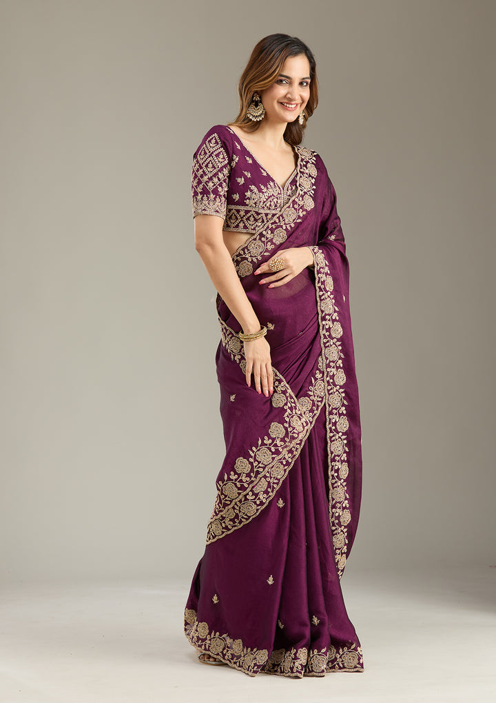 Wine Georgette Cording Saree With Matching Blouse Piece
