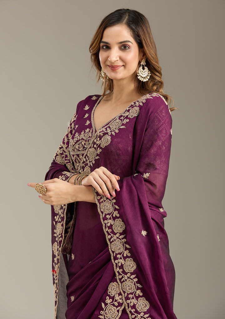 Wine Georgette Cording Saree With Matching Blouse Piece