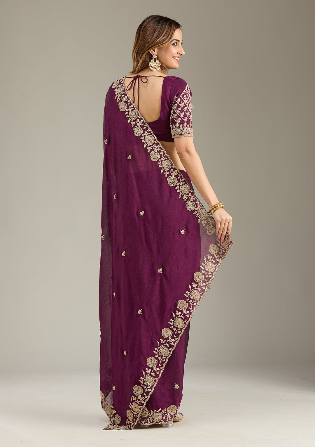 Wine Georgette Cording Saree With Matching Blouse Piece