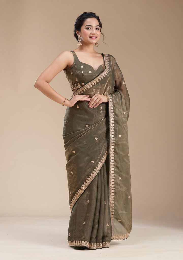 Mehendi Organza Gotapatti Saree With Matching Blouse Piece
