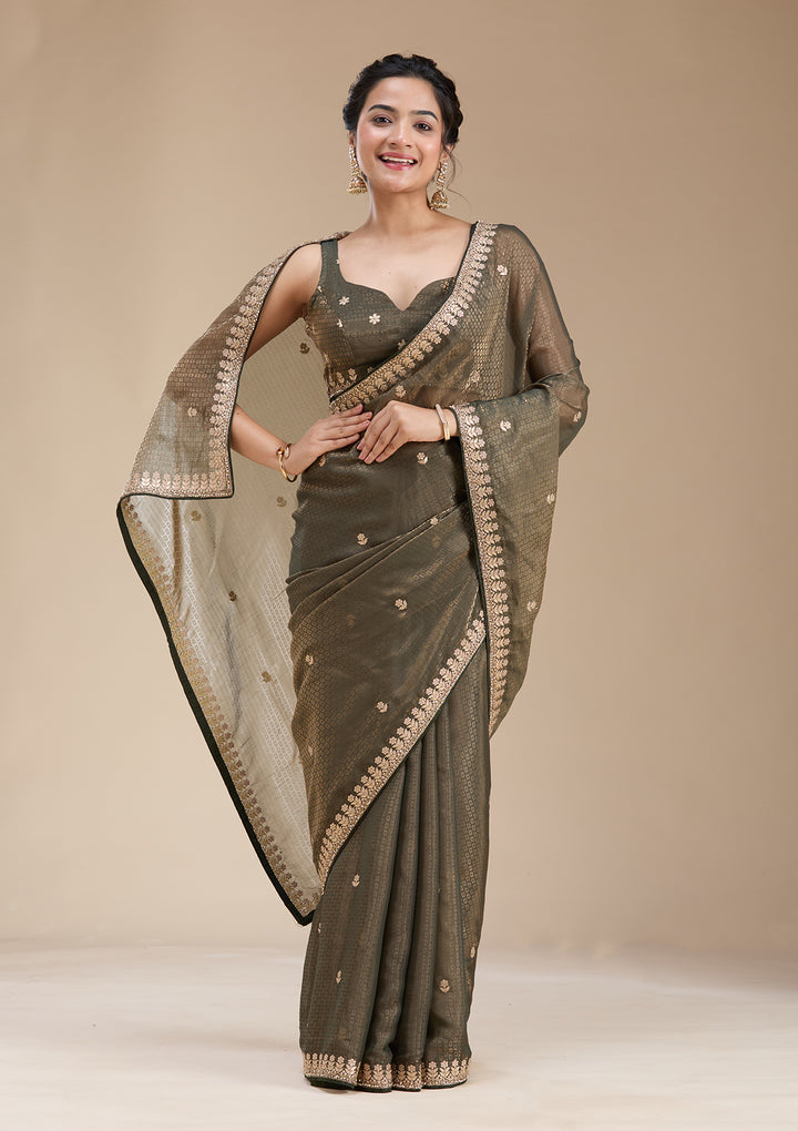 Mehendi Organza Gotapatti Saree With Matching Blouse Piece
