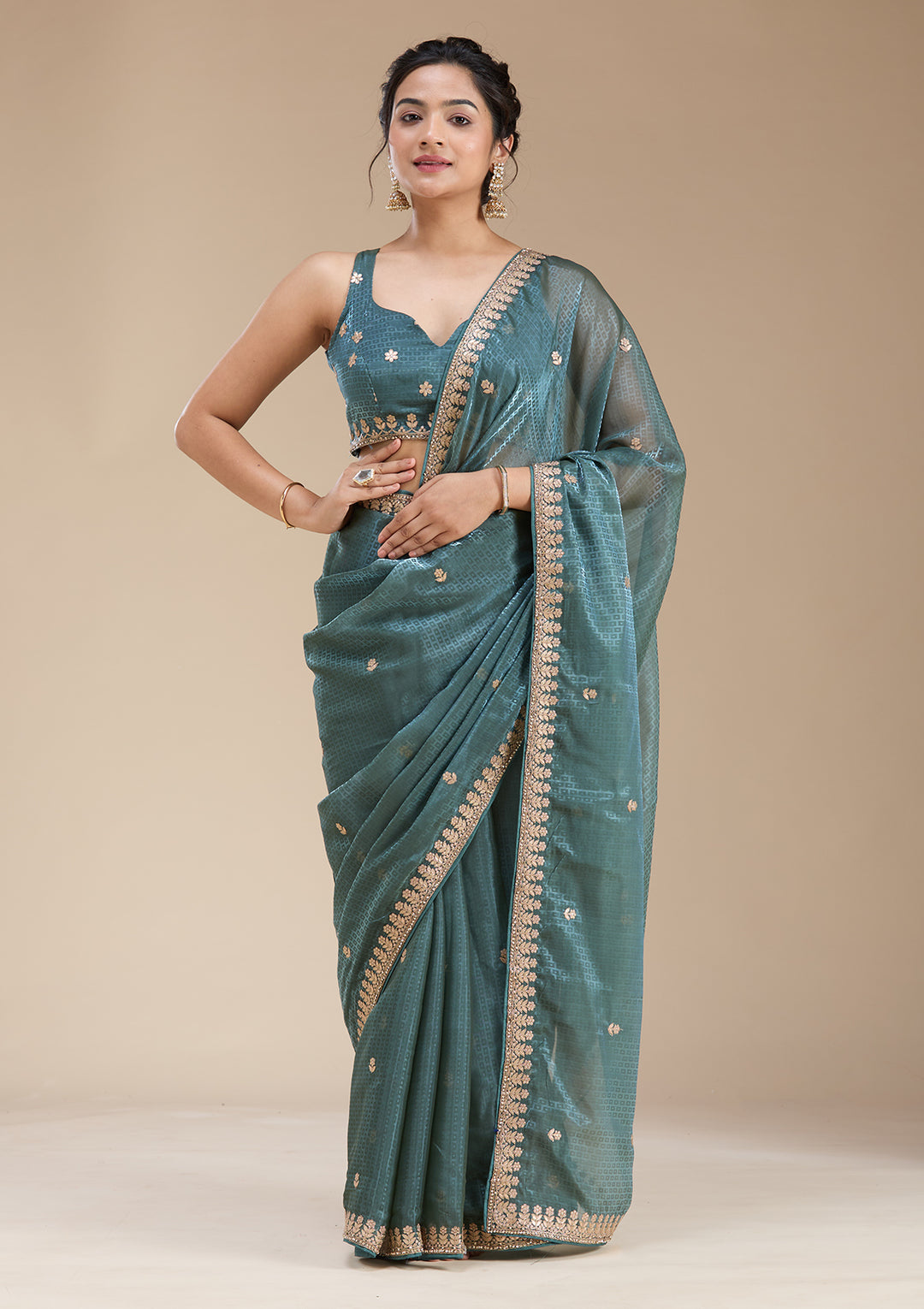 Teal Green Organza Gotapatti Saree With Matching Blouse Piece