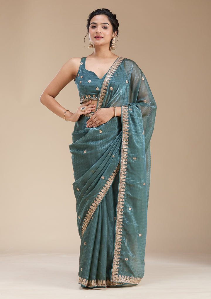Teal Green Organza Gotapatti Saree With Matching Blouse Piece