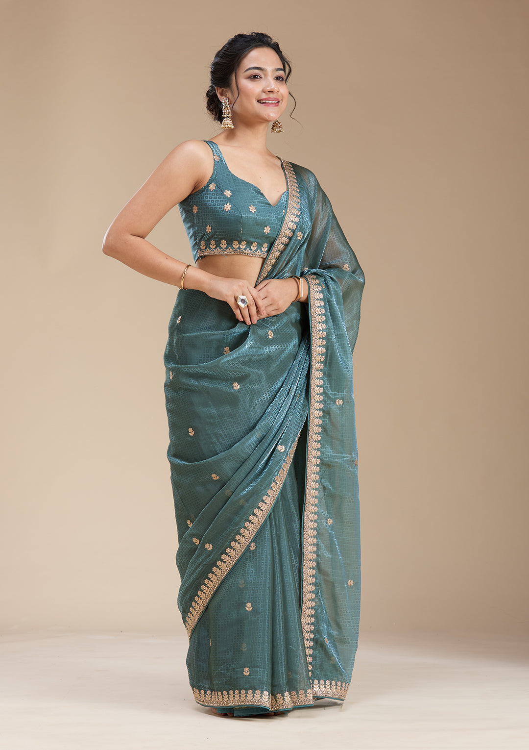Teal Green Organza Gotapatti Saree With Matching Blouse Piece