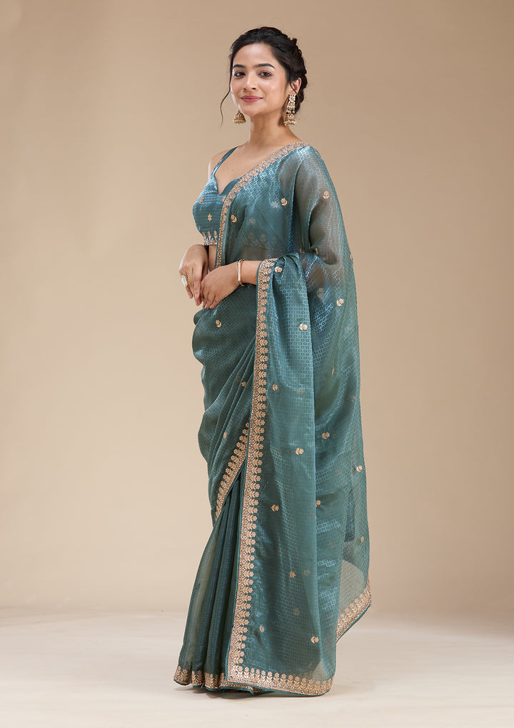 Teal Green Organza Gotapatti Saree With Matching Blouse Piece