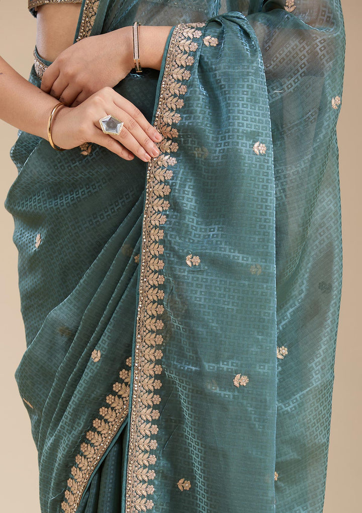 Teal Green Organza Gotapatti Saree With Matching Blouse Piece