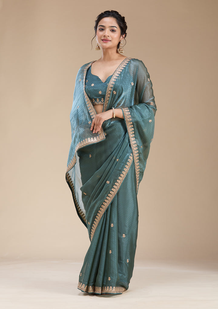 Teal Green Organza Gotapatti Saree With Matching Blouse Piece