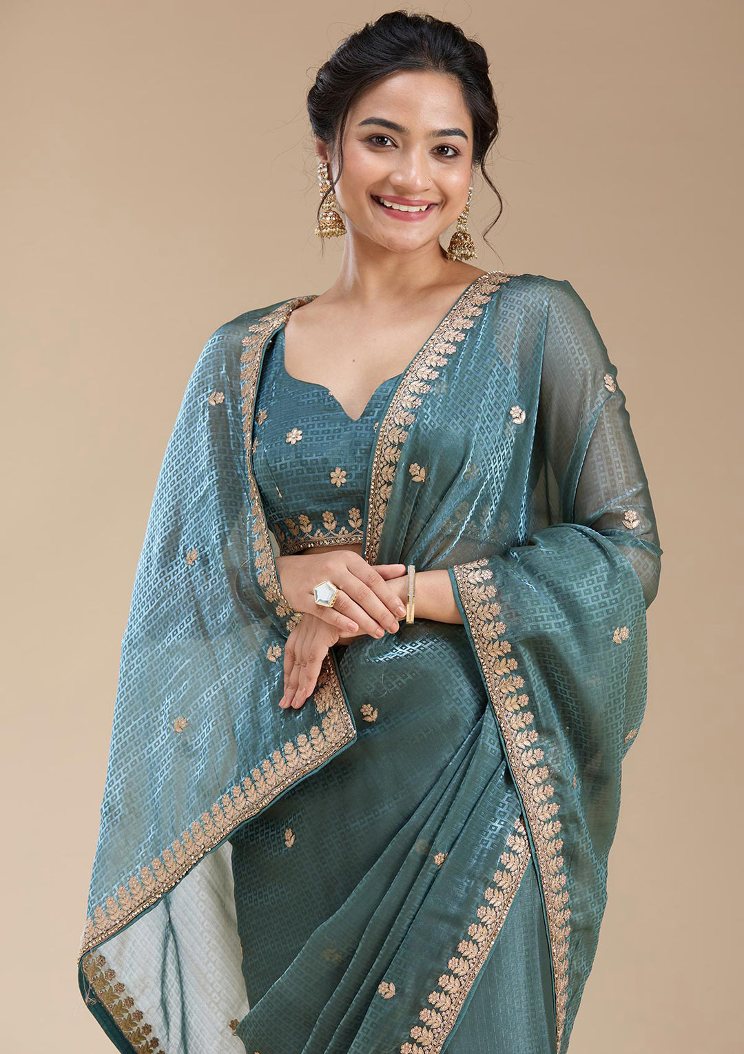 Teal Green Organza Gotapatti Saree With Matching Blouse Piece