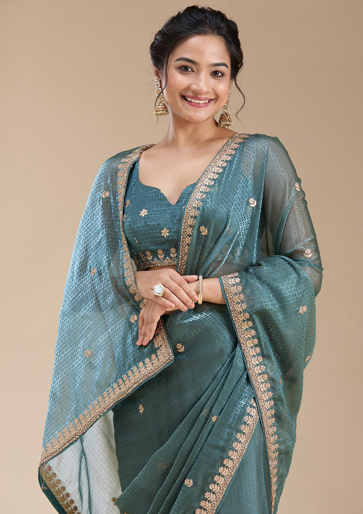 Teal Green Organza Gotapatti Saree With Matching Blouse Piece