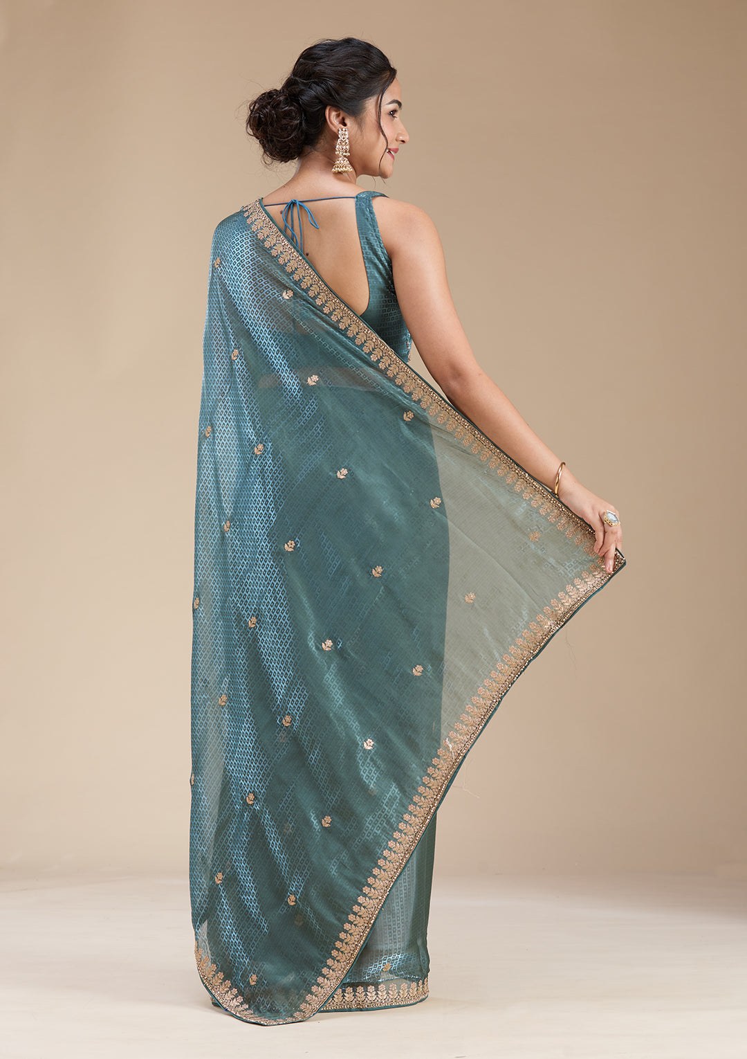 Teal Green Organza Gotapatti Saree With Matching Blouse Piece