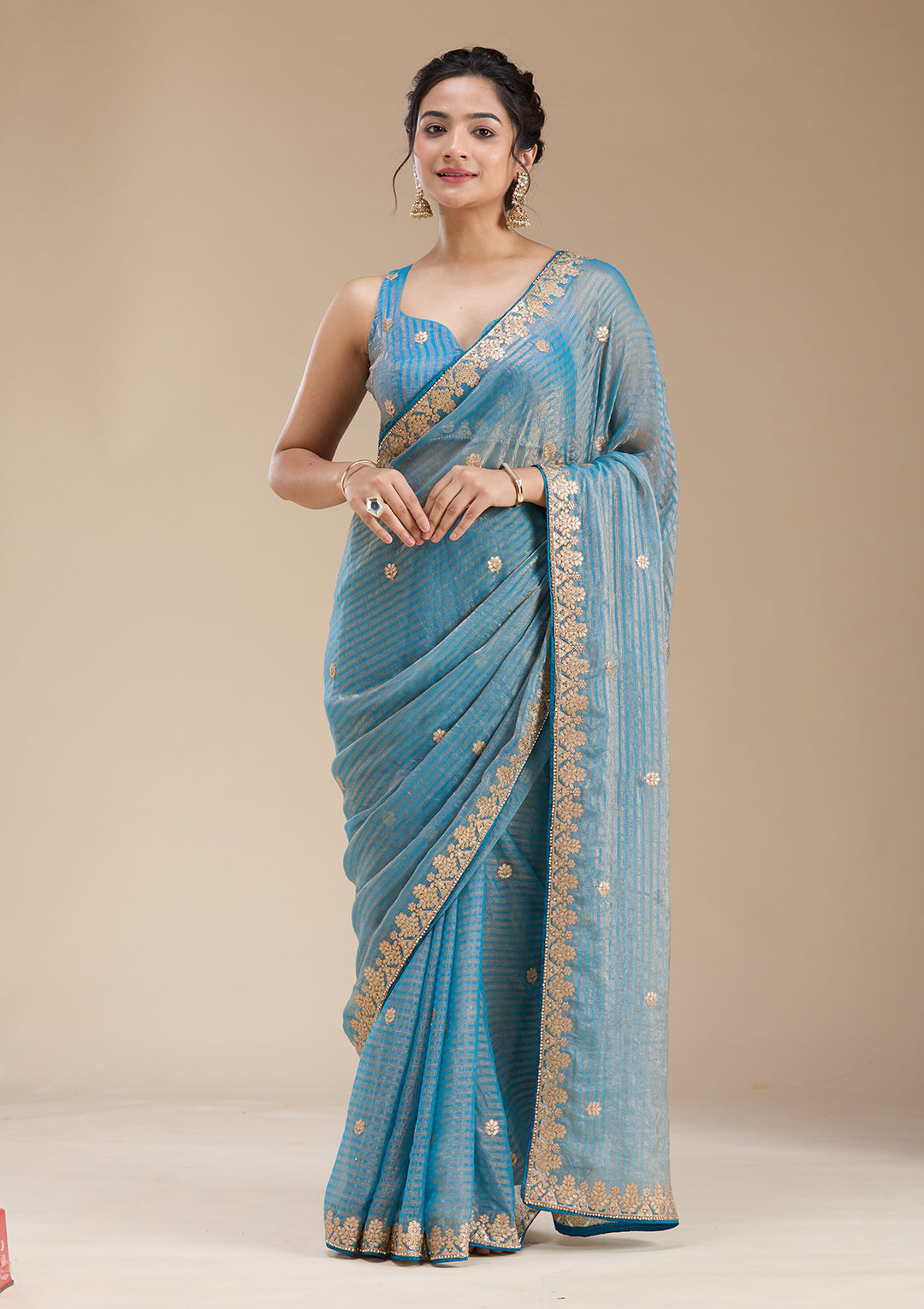Blue Organza Gotapatti Saree With Matching Blouse Piece