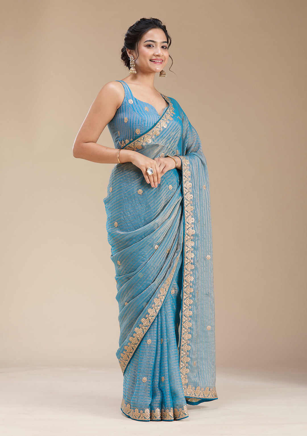 Blue Organza Gotapatti Saree With Matching Blouse Piece