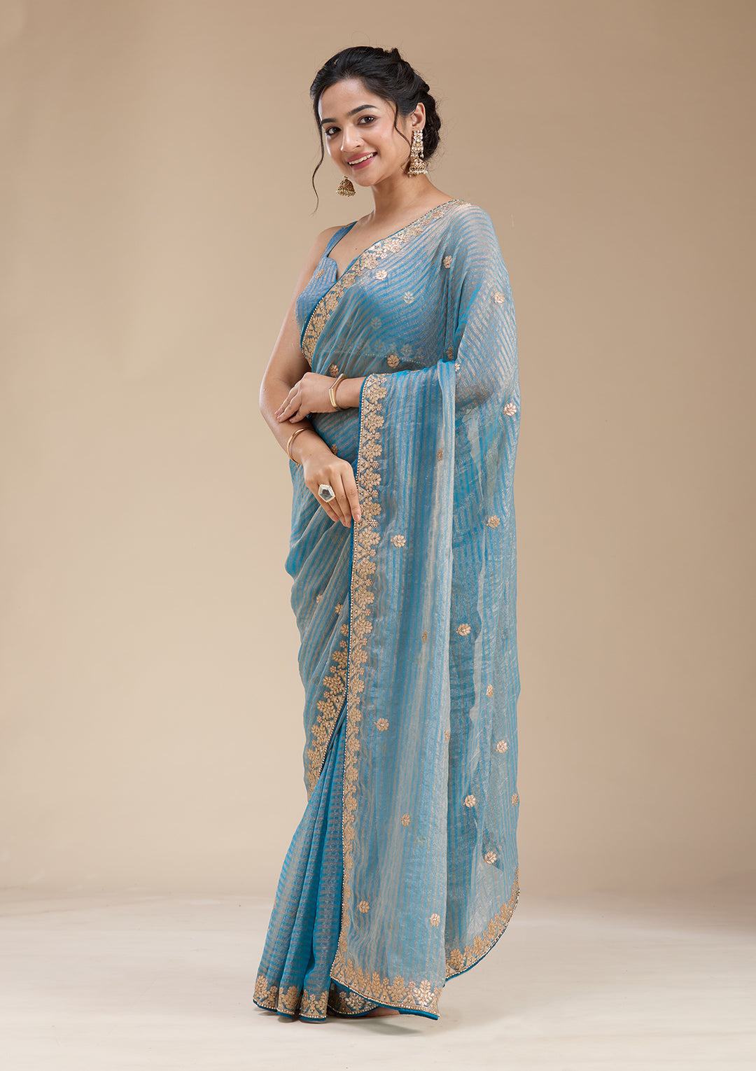 Blue Organza Gotapatti Saree With Matching Blouse Piece