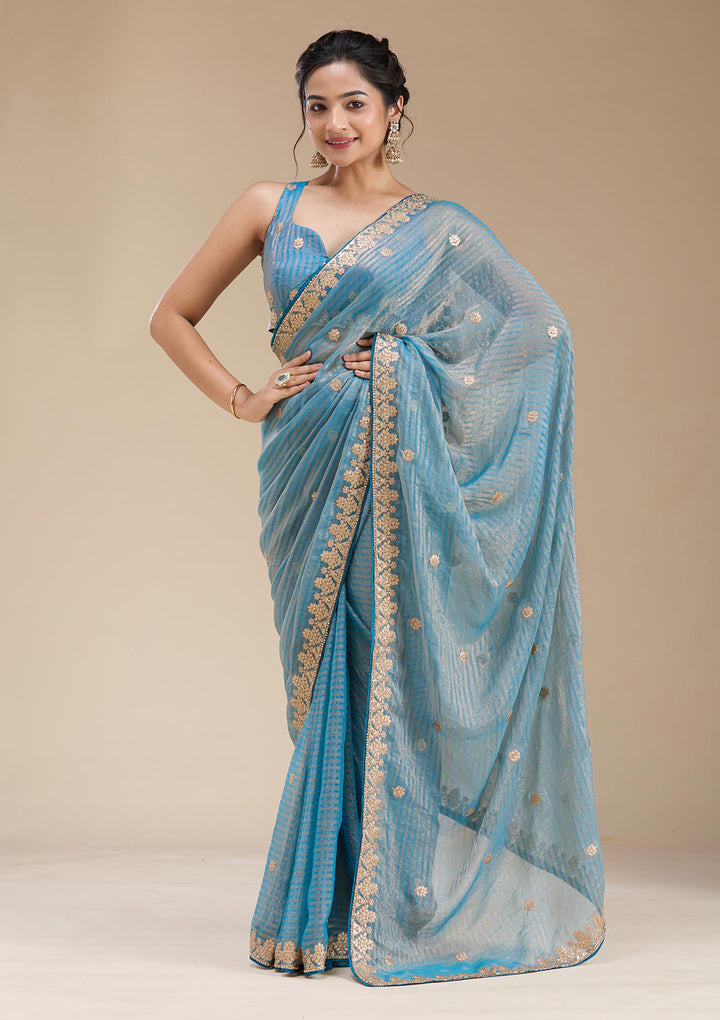 Blue Organza Gotapatti Saree With Matching Blouse Piece