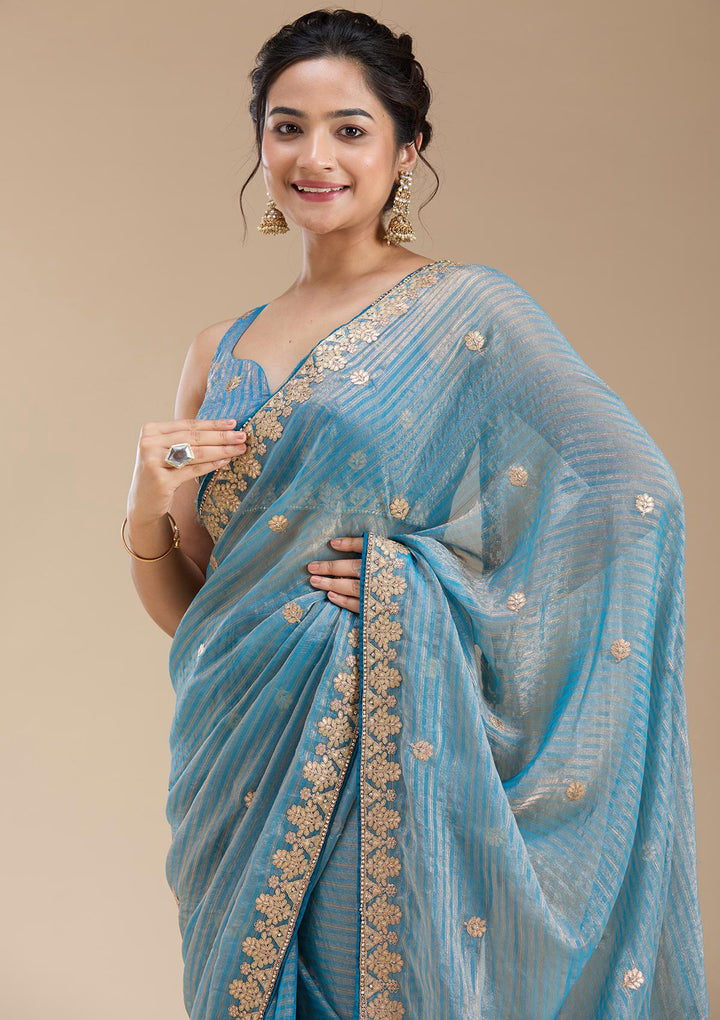 Blue Organza Gotapatti Saree With Matching Blouse Piece