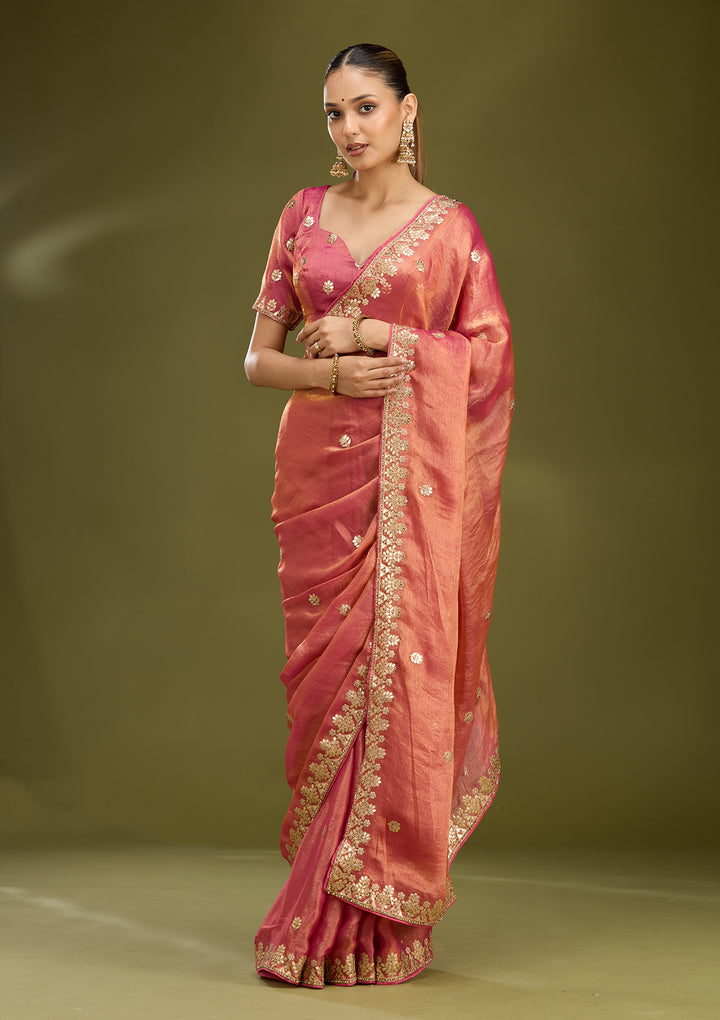 Gajari Pink Organza Gotapatti Saree With Matching Blouse Piece