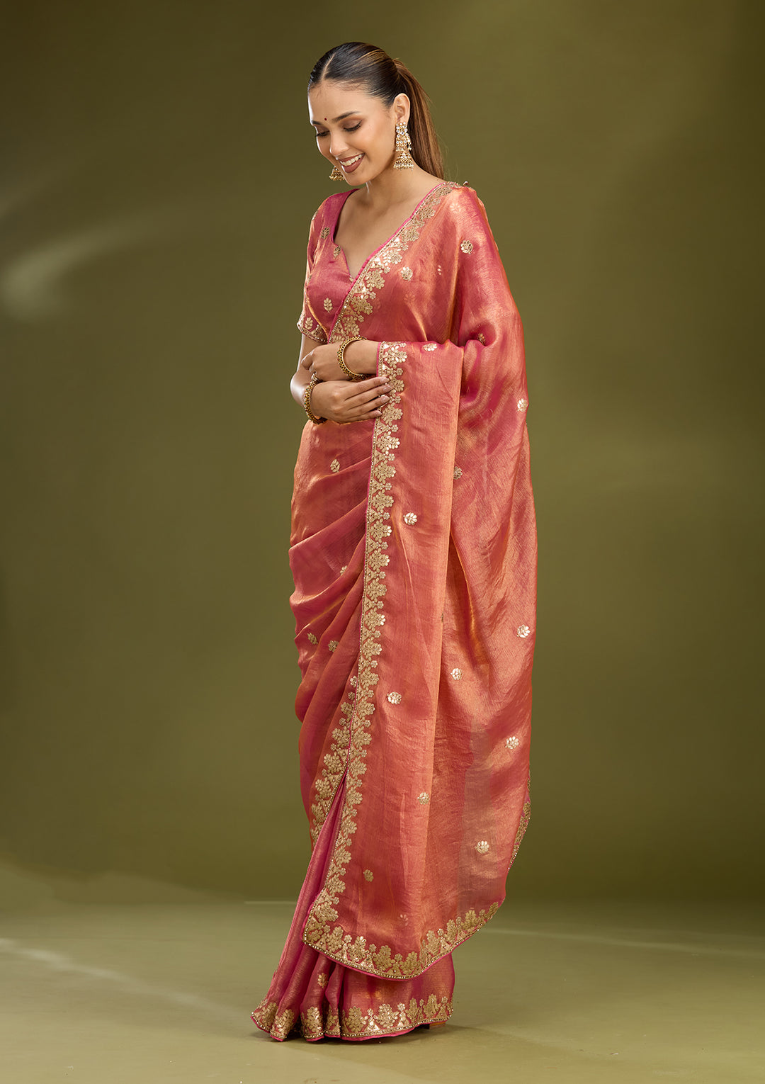 Gajari Pink Organza Gotapatti Saree With Matching Blouse Piece