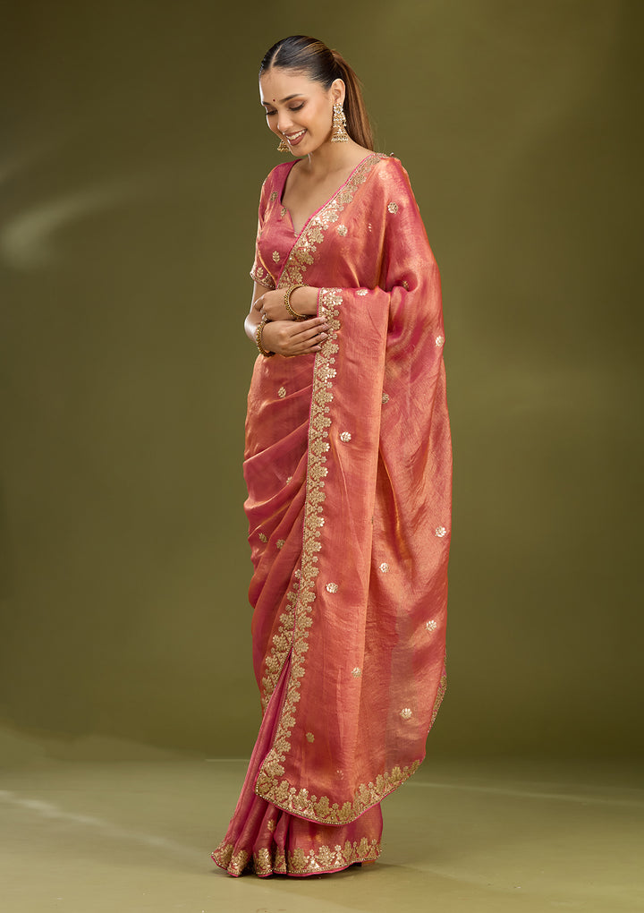Gajari Pink Organza Gotapatti Saree With Matching Blouse Piece