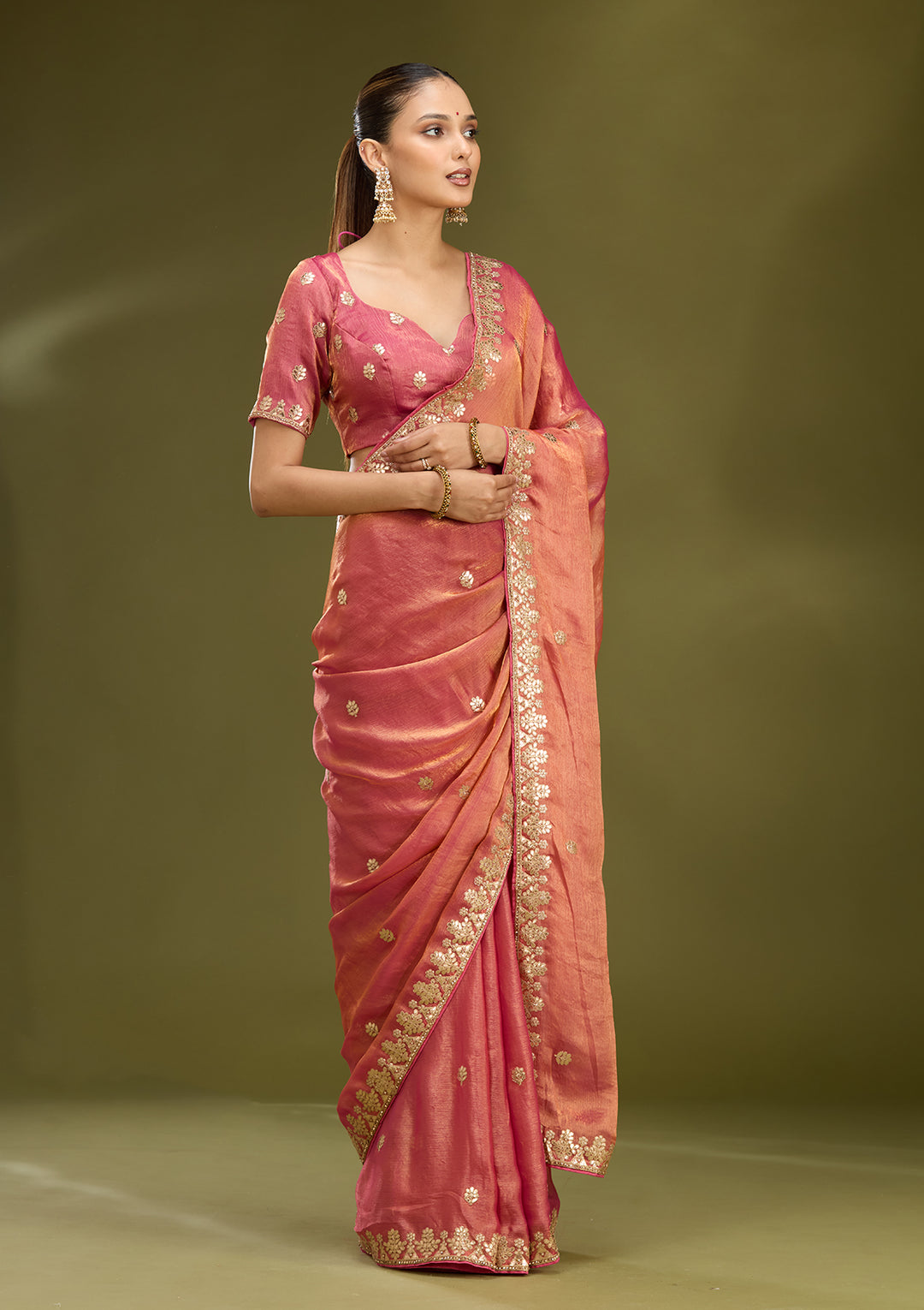 Gajari Pink Organza Gotapatti Saree With Matching Blouse Piece