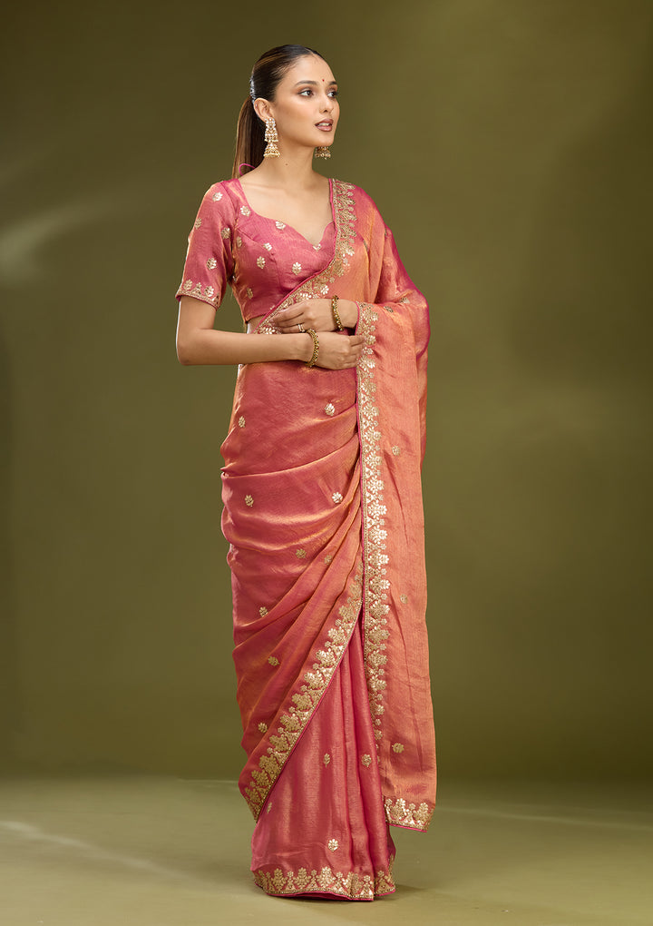 Gajari Pink Organza Gotapatti Saree With Matching Blouse Piece