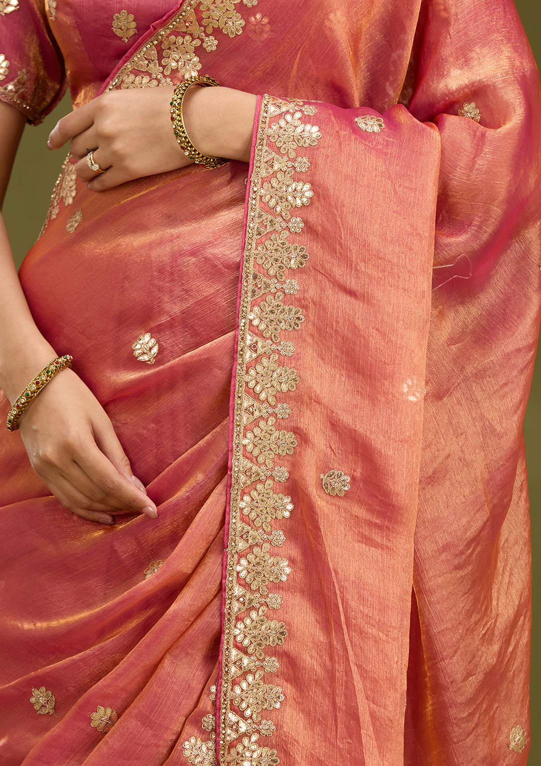 Gajari Pink Organza Gotapatti Saree With Matching Blouse Piece