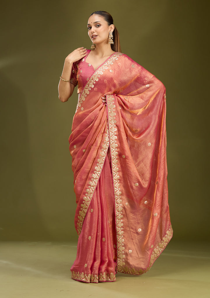 Gajari Pink Organza Gotapatti Saree With Matching Blouse Piece