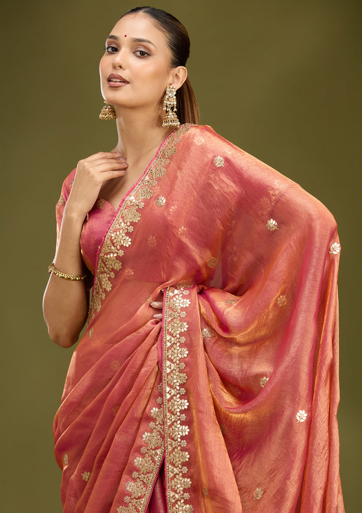 Gajari Pink Organza Gotapatti Saree With Matching Blouse Piece