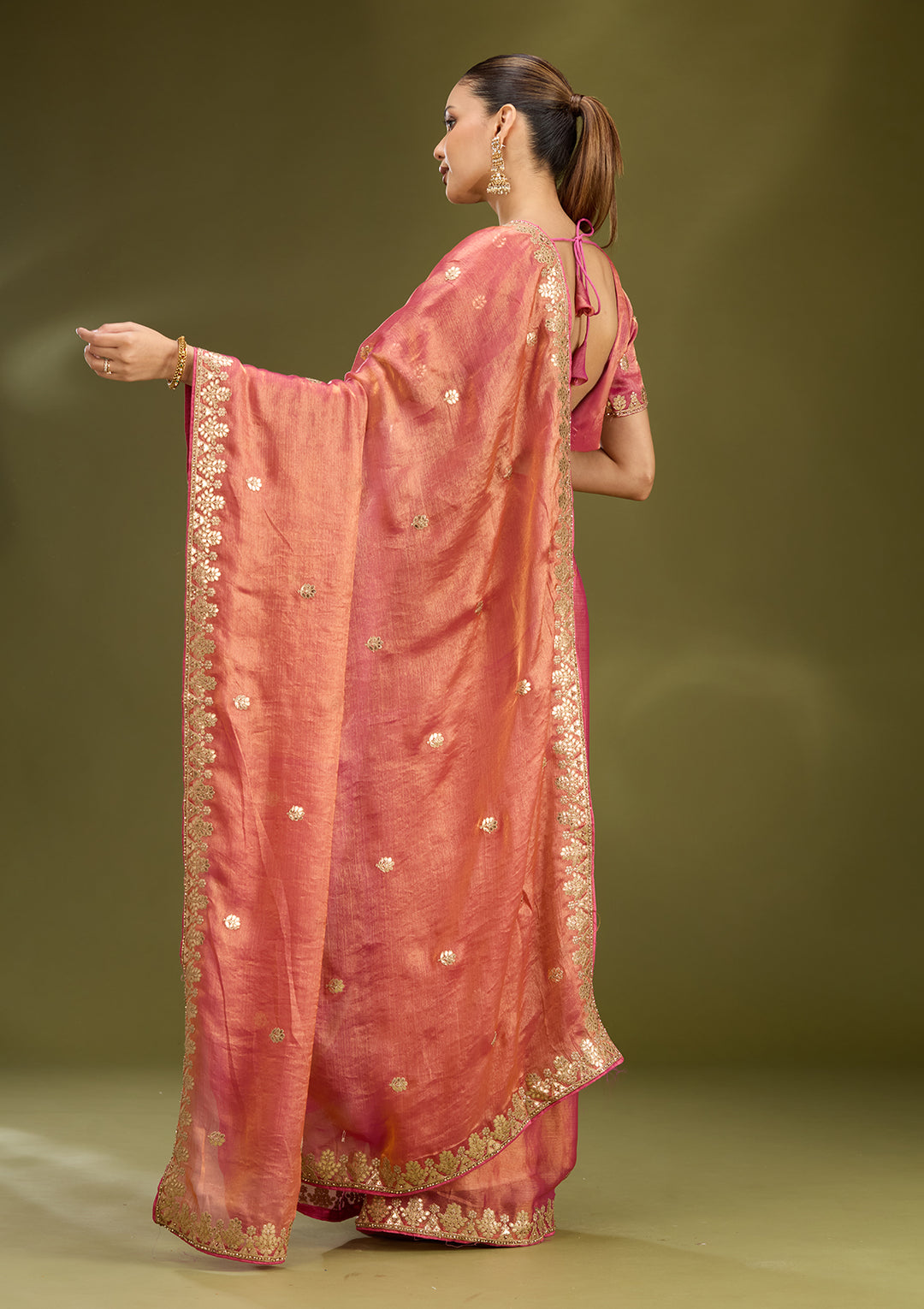 Gajari Pink Organza Gotapatti Saree With Matching Blouse Piece