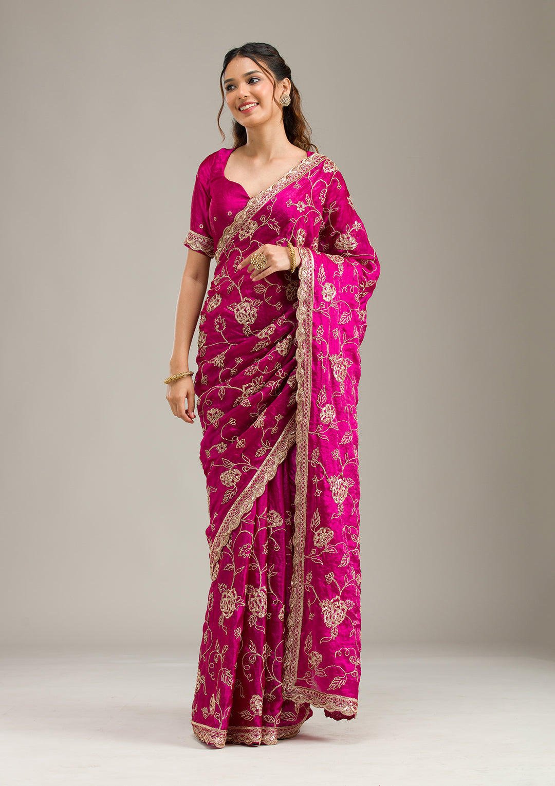 Magenta Pink Tissue Cording Saree With Matching Blouse Piece