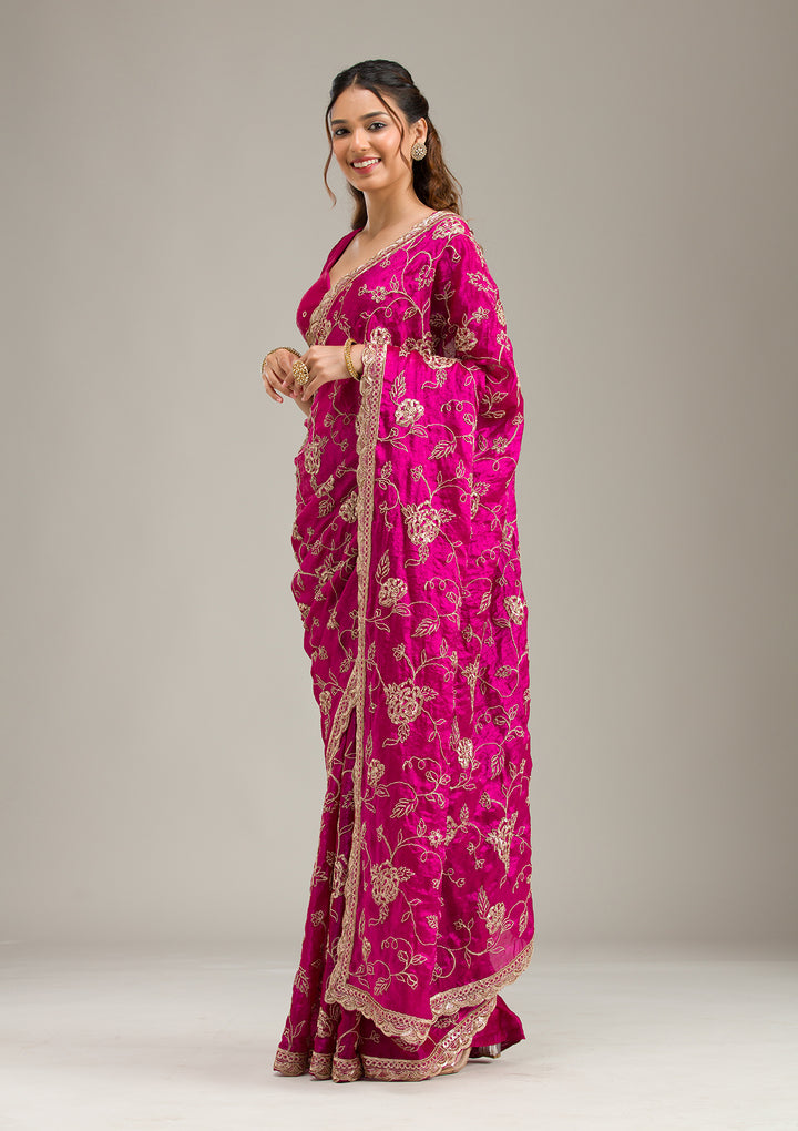 Magenta Pink Tissue Cording Saree With Matching Blouse Piece