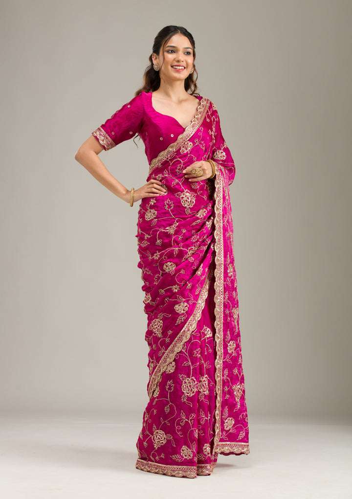 Magenta Pink Tissue Cording Saree With Matching Blouse Piece