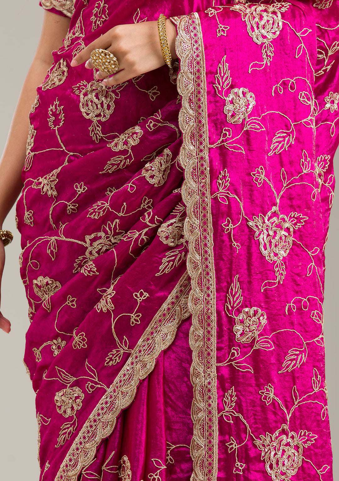 Magenta Pink Tissue Cording Saree With Matching Blouse Piece