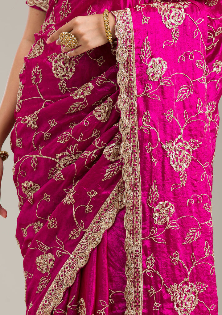 Magenta Pink Tissue Cording Saree With Matching Blouse Piece