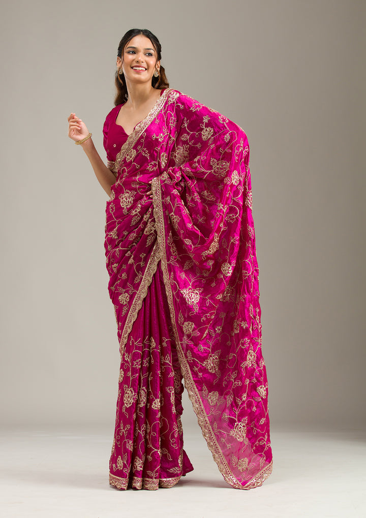 Magenta Pink Tissue Cording Saree With Matching Blouse Piece