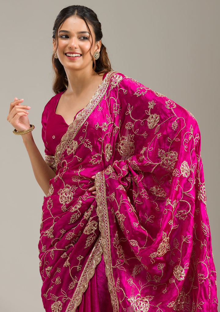 Magenta Pink Tissue Cording Saree With Matching Blouse Piece