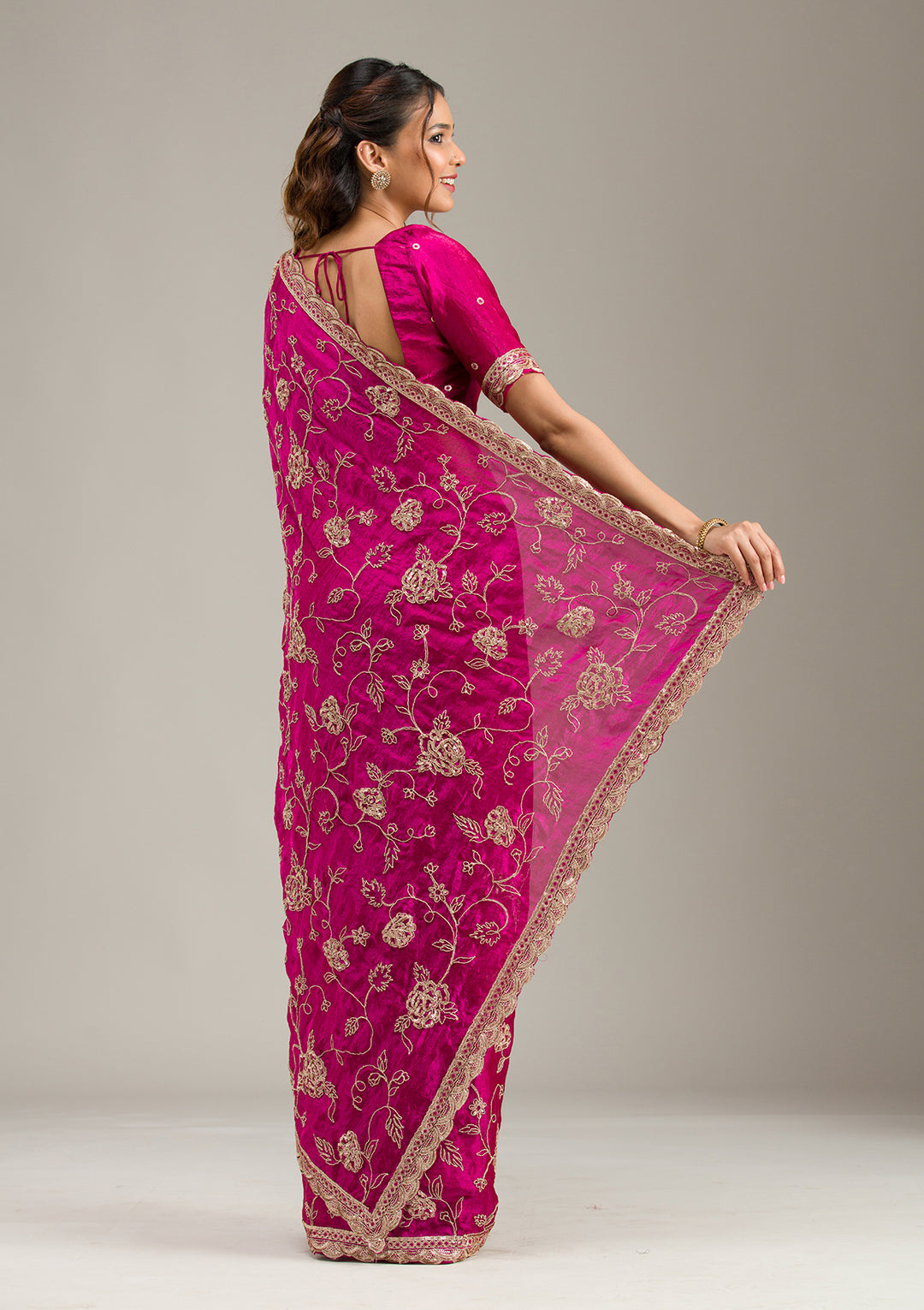 Magenta Pink Tissue Cording Saree With Matching Blouse Piece