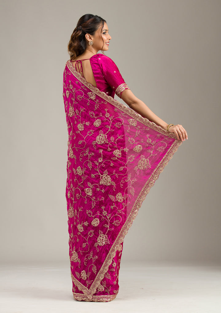 Magenta Pink Tissue Cording Saree With Matching Blouse Piece