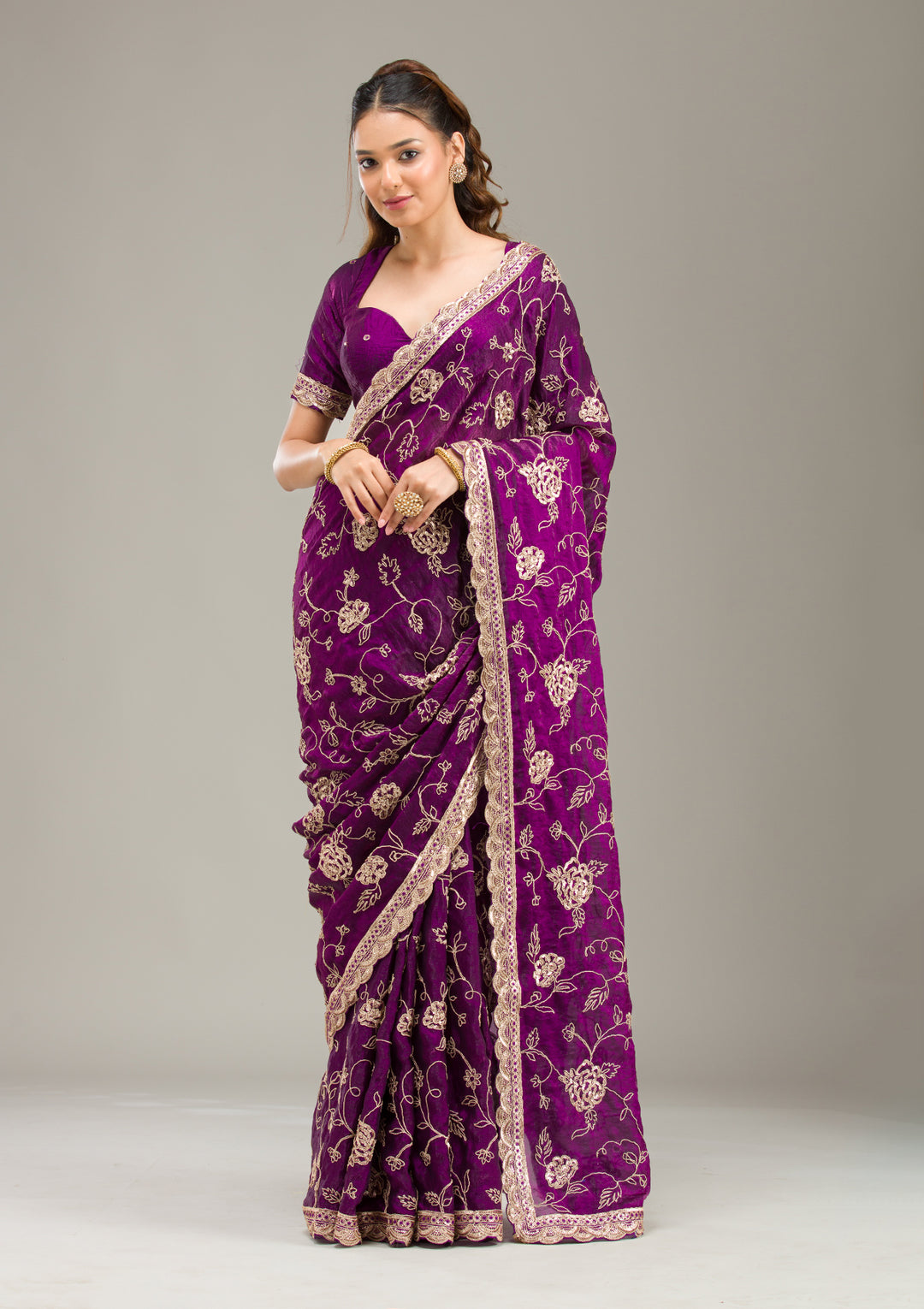 Purple Tissue Cording Saree With Matching Blouse Piece