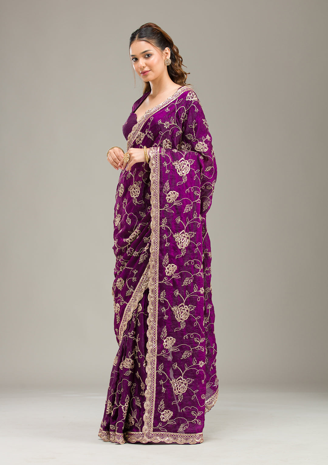 Purple Tissue Cording Saree With Matching Blouse Piece