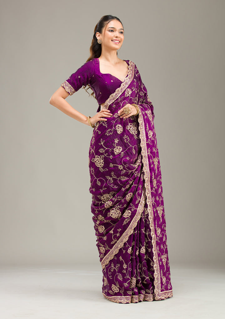 Purple Tissue Cording Saree With Matching Blouse Piece