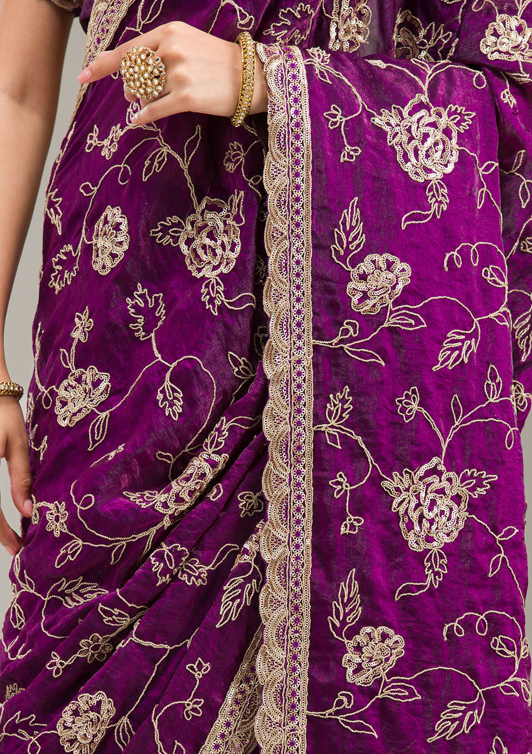 Purple Tissue Cording Saree With Matching Blouse Piece