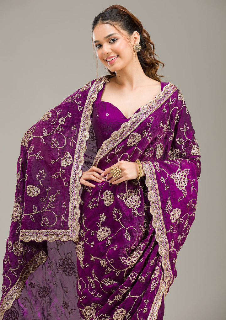 Purple Tissue Cording Saree With Matching Blouse Piece