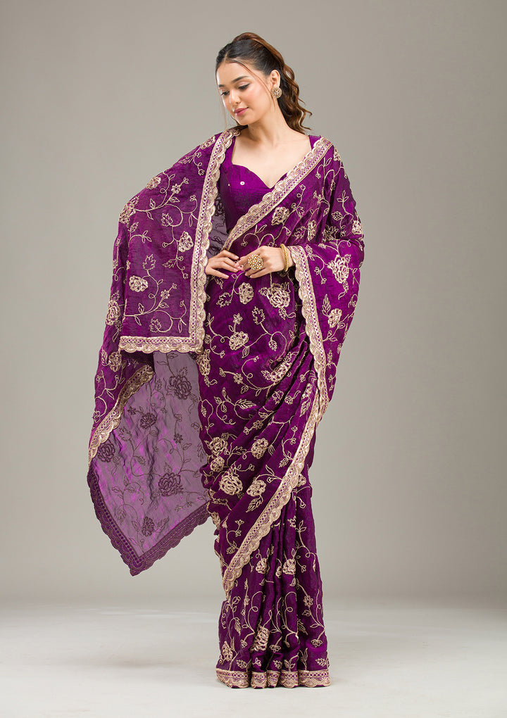 Purple Tissue Cording Saree With Matching Blouse Piece