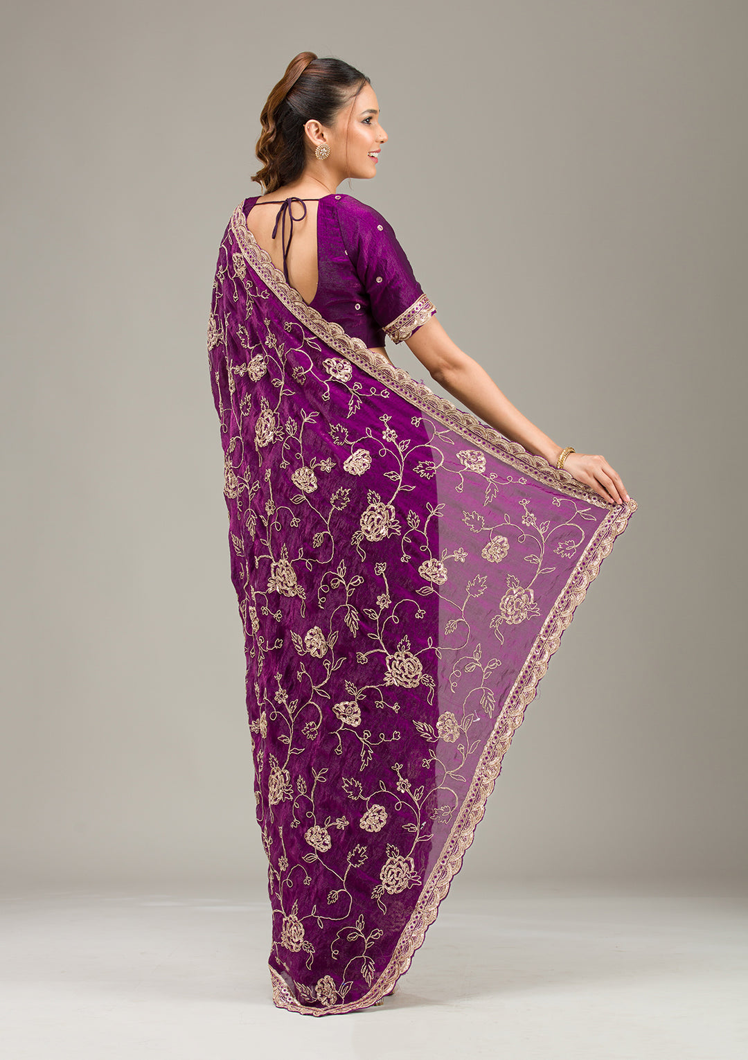 Purple Tissue Cording Saree With Matching Blouse Piece