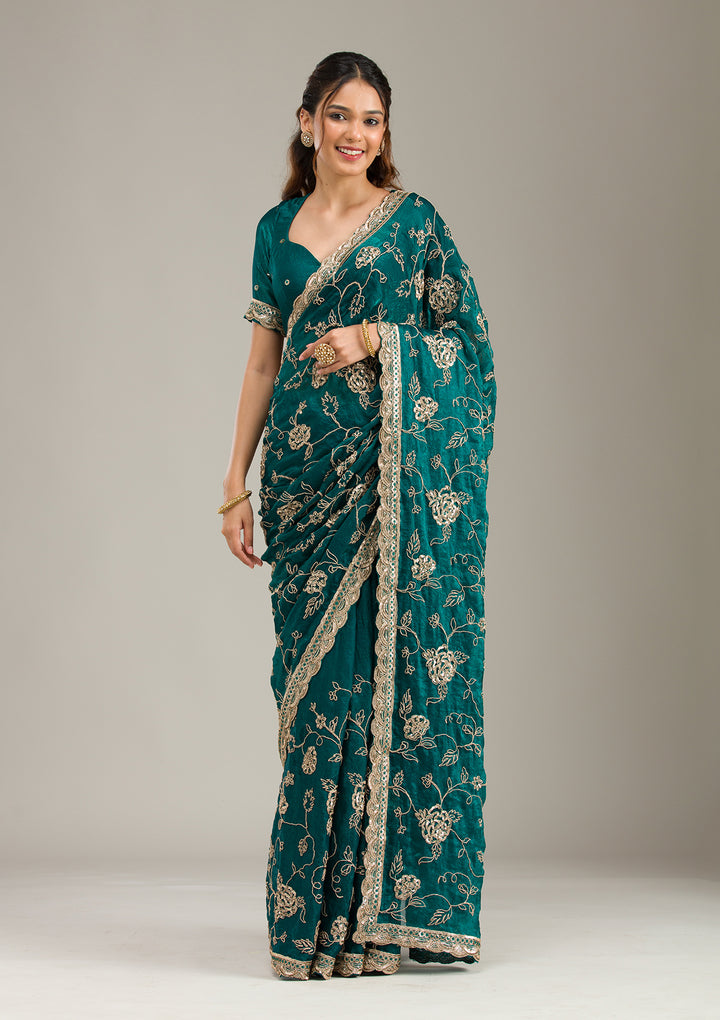 Rama Green Cording Chinon Saree