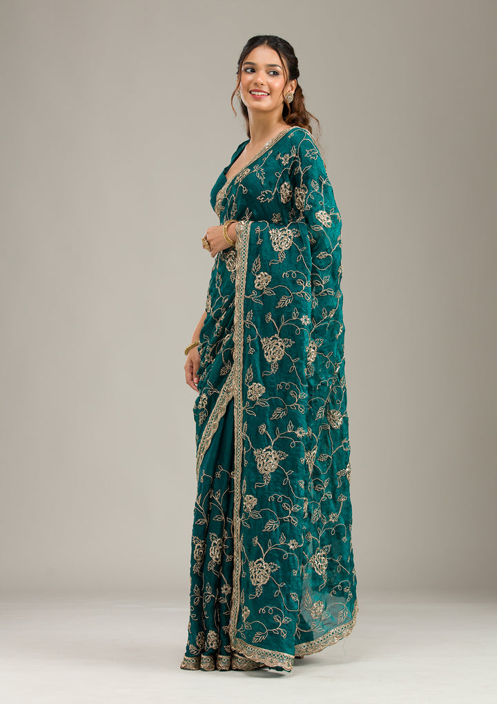 Rama Green Cording Chinon Saree
