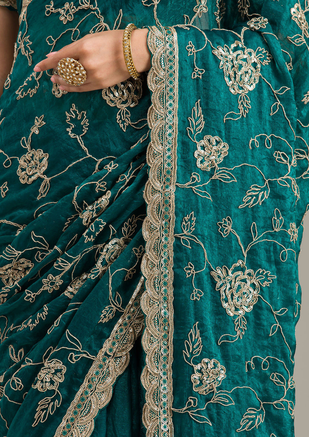 Rama Green Cording Chinon Saree